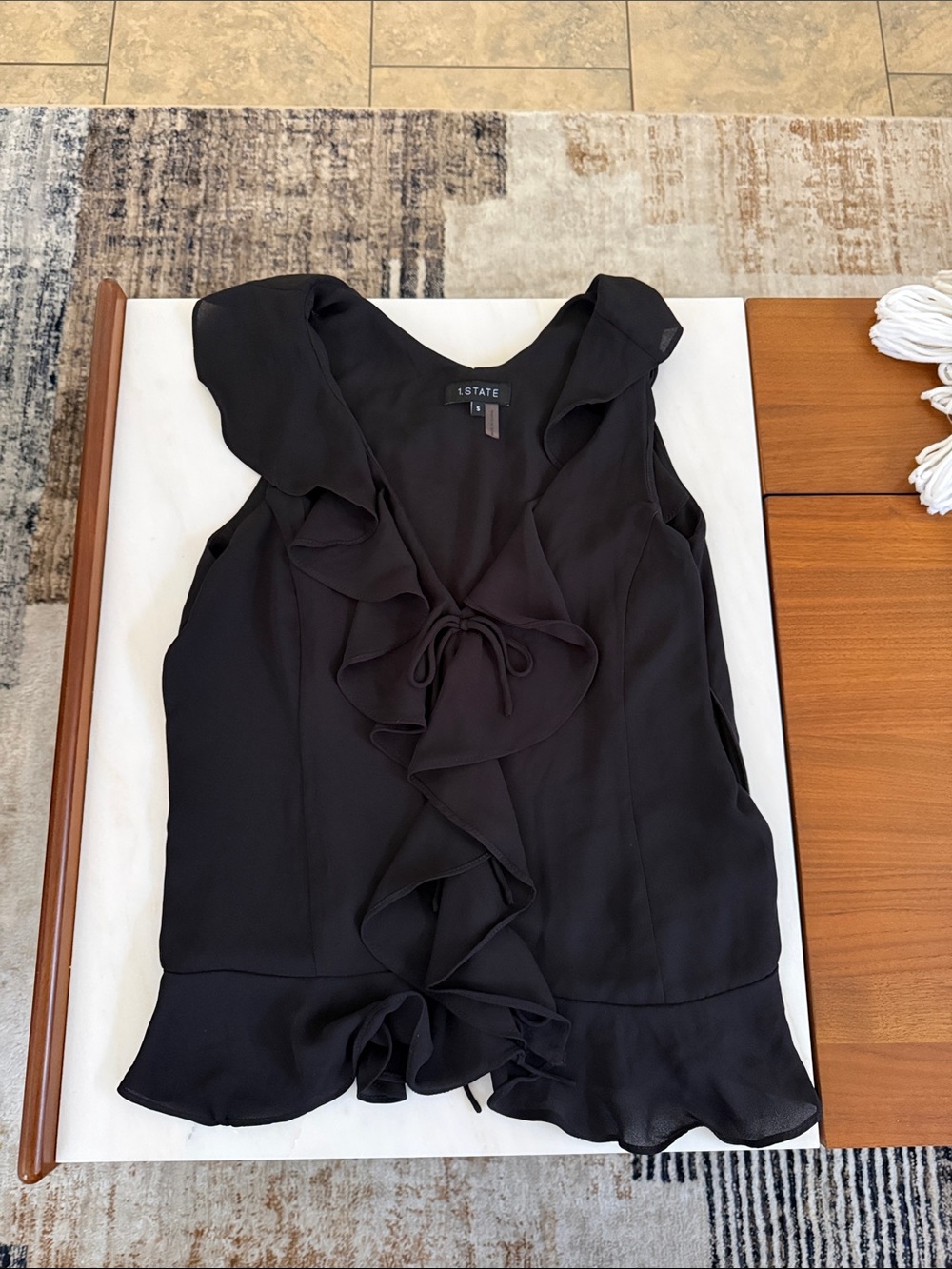 1. State Black Ruffle Tie-Front Sleeveless Blouse